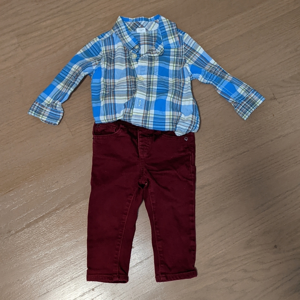Set of plaid GAP shirt and red pants